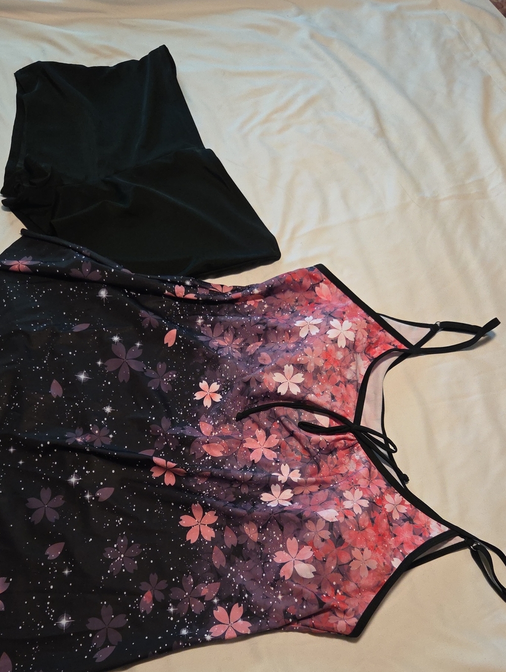 Floral Galaxy Print Swimsuit - Black & Pink